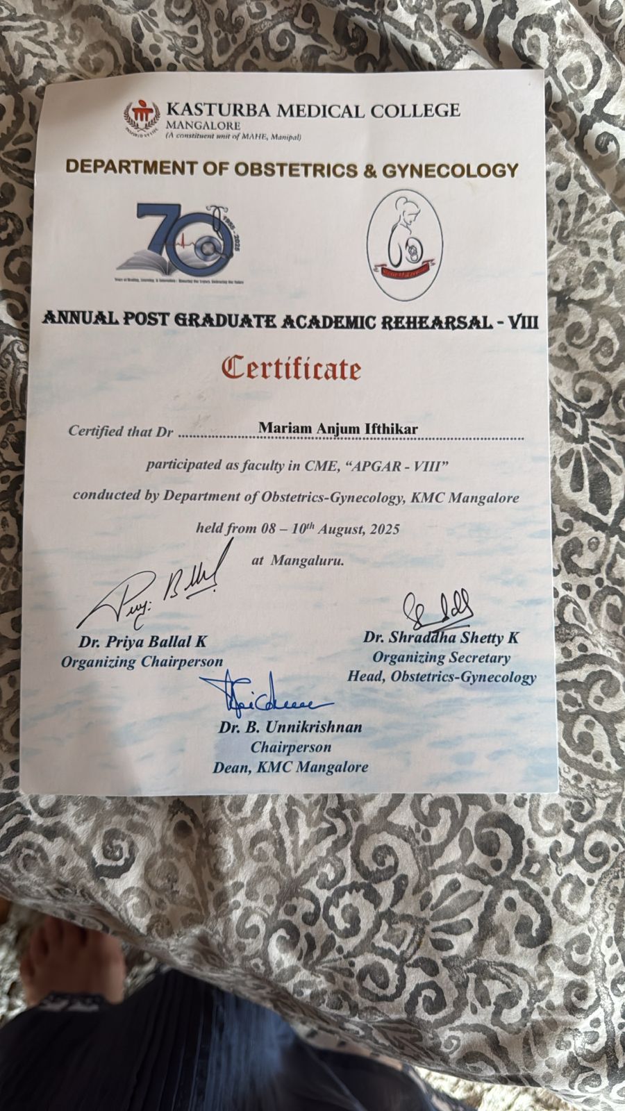 Dr. Mariam Anjum — KMC Manipal — Certificate
